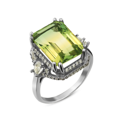 Серебряное кольцо с кварцем, 17.5, 4.84, 1 кварц Green Yellow 7.46ct, 70 куб.цирк., родий