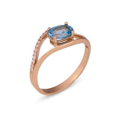 Золотое кольцо с голубым топазом, 17.5, 2.12, 0.20, 1 топаз голубой 0.18ct,16 куб.цирк.