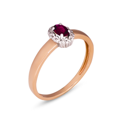 Золотое кольцо с рубином и бриллиантами, 17.0, 1.73, бриллиант 12 кр-57-0.09-4/5-А, рубин овал-0.29-2\4