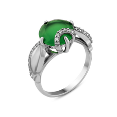 Серебряное кольцо с зеленым агатом, 17.0, 3.44, 1 зел. агат 3.06 ct, 23 куб цирк , родий