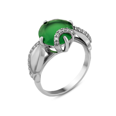 Серебряное кольцо с зеленым агатом, 17.0, 3.44, 1 зел. агат 3.06 ct, 23 куб цирк , родий