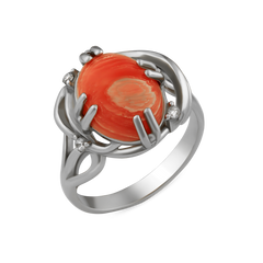 Серебряное кольцо с кораллом, 18.0, 5.10, коралл, 3 куб. циркон