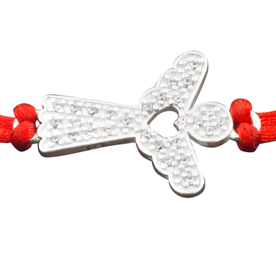 Красный шелковый браслет с серебряной вставкой Ангел с камнями, 16.0, 2.41