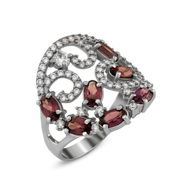 Серебряное кольцо с родолитами, 18.5, 4.05, 7 родолит 2.32 ct, 58 куб. цирк.