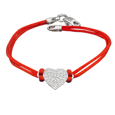 Красный шелковый браслет с серебряной вставкой Сердце с камнями, 17.0, 1.73