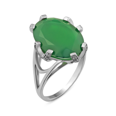 Серебряное кольцо с зеленым агатом, 18.5, 5.21, 1 зел. агат 10.49 ct, 28 куб. цирк., родий