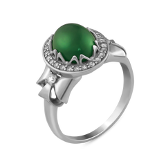 Серебряное кольцо с зеленым агатом, 18.0, 3.99, 1 зел. агат 2.47ct, 26 куб. цирк., родий