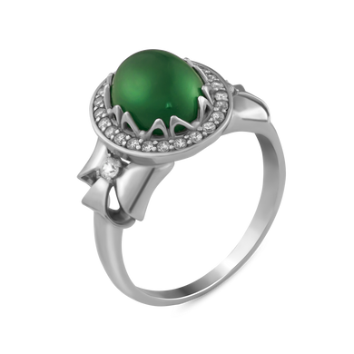 Серебряное кольцо с зеленым агатом, 18.0, 3.99, 1 зел. агат 2.47ct, 26 куб. цирк., родий